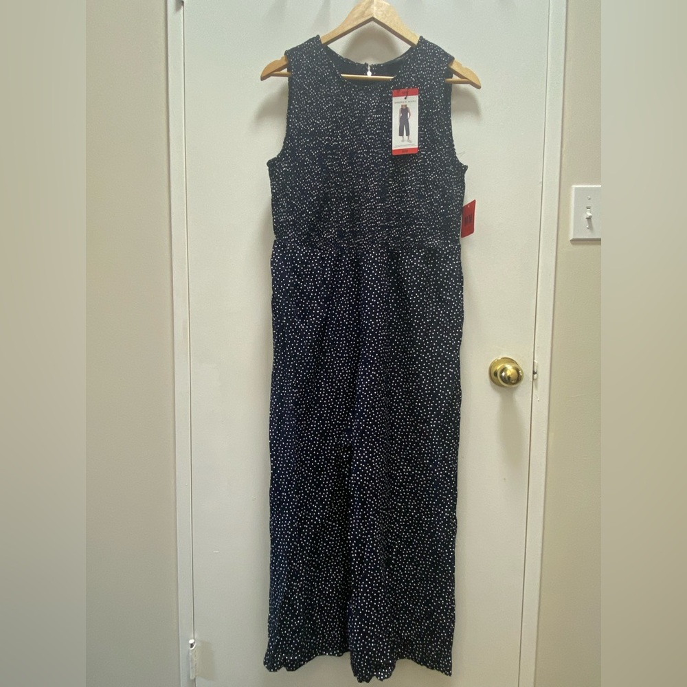 Andrew Marc Navy Jumpsuit with White Dot Print